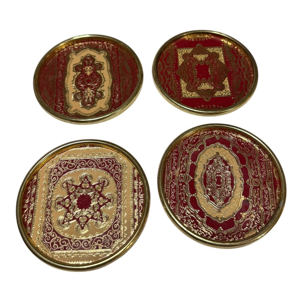 Vintage Persian Rug Style Coasters Set of 4 Red Gold Metal Rim Felt Back Boho